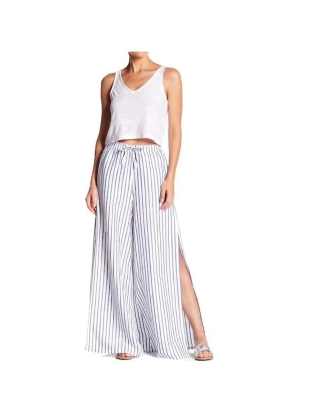Onia Chloe Wide Leg Beach Pants Size Small Stripe Blue White High Slit Vacation